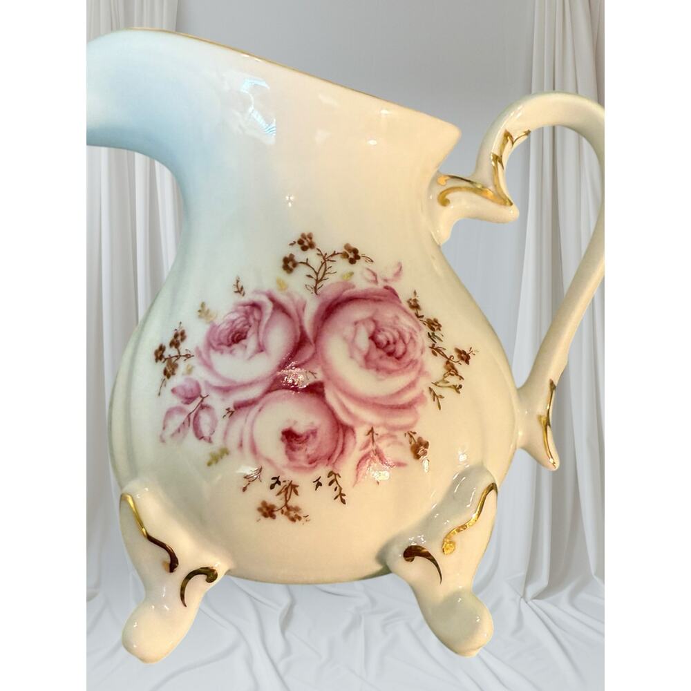 Vtg Weimar Porzellan Germany Pitcher HandPainted Pink Rose Footed Porcelain Jug